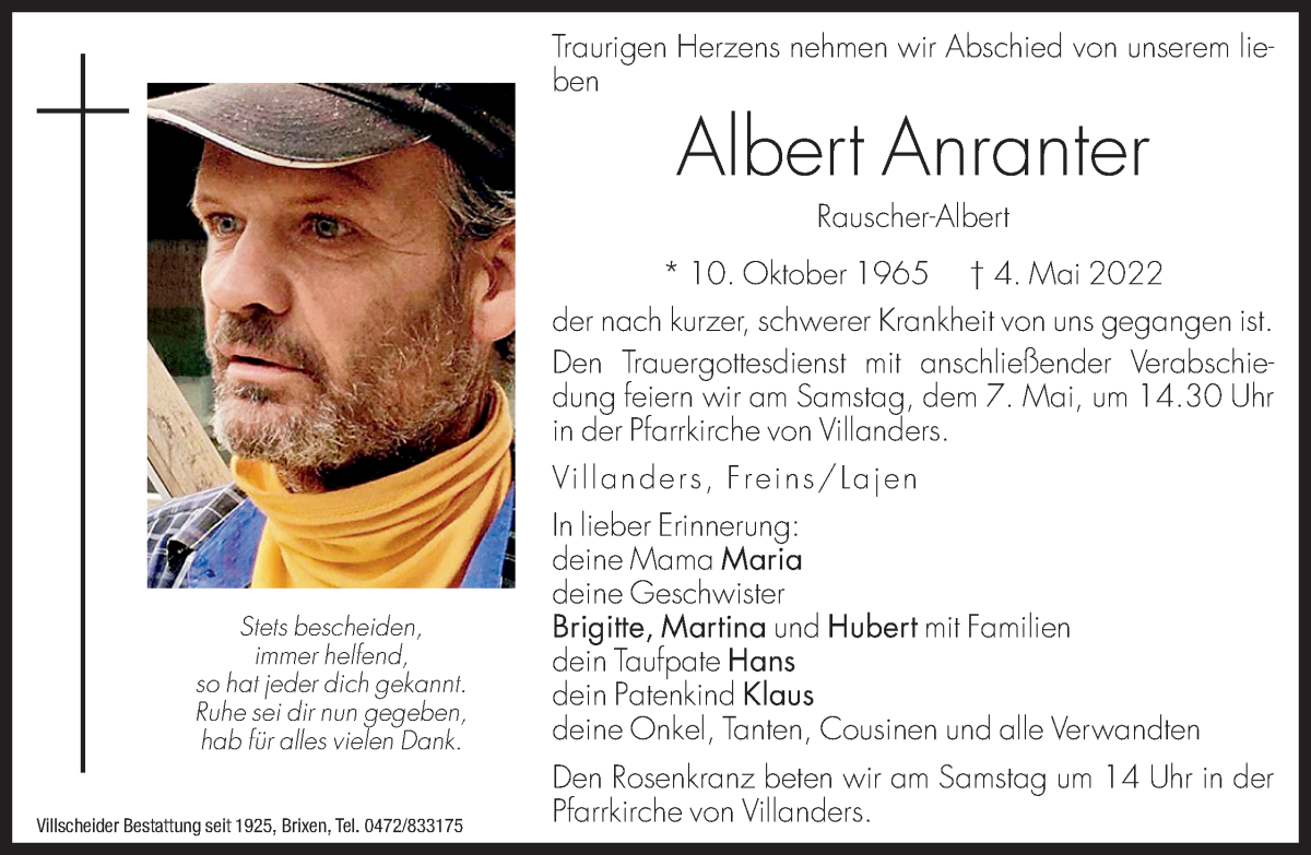  Traueranzeige für Albert Anranter vom 06.05.2022 aus Dolomiten