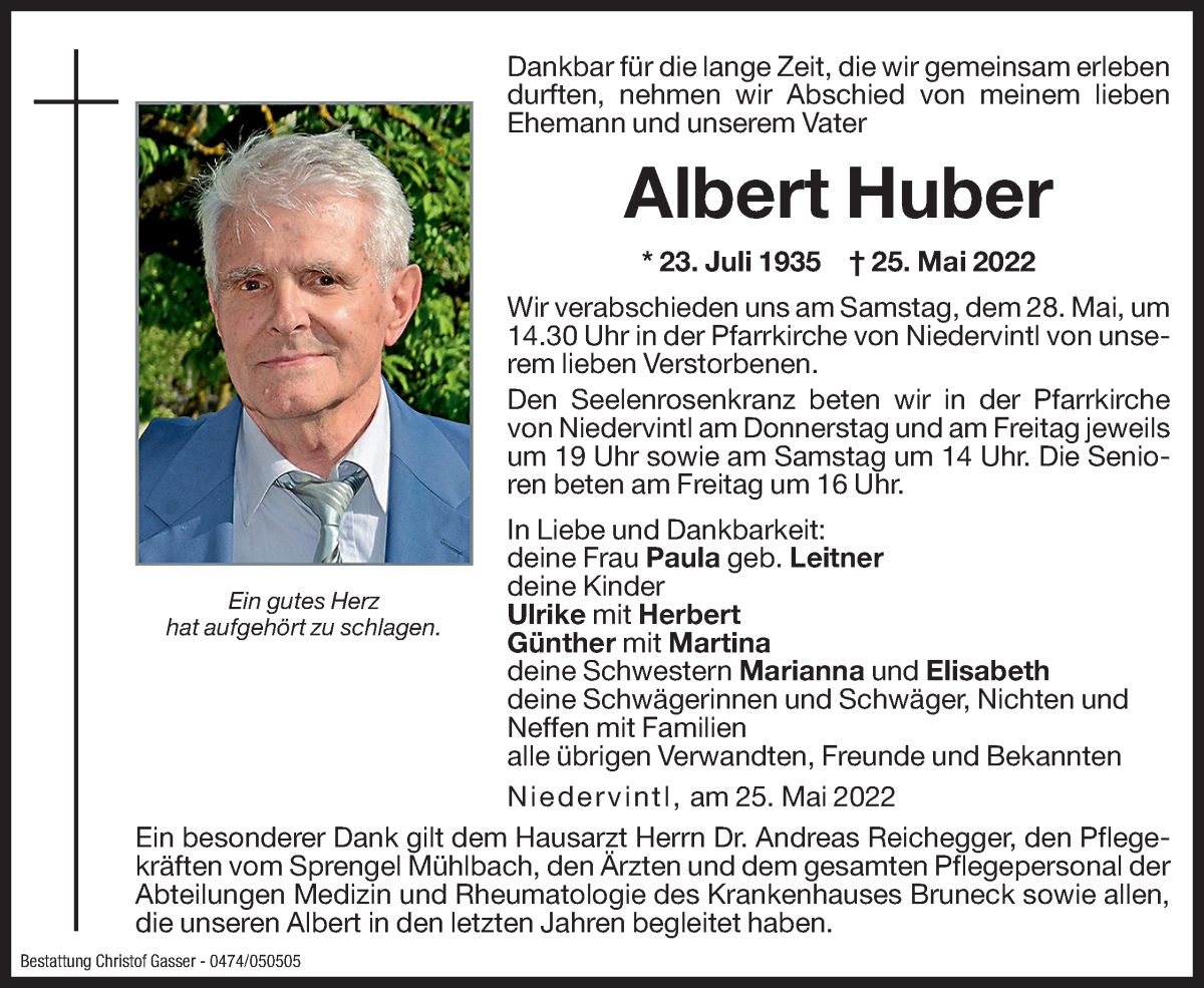 Traueranzeige für Albert Huber vom 27.05.2022 aus Dolomiten