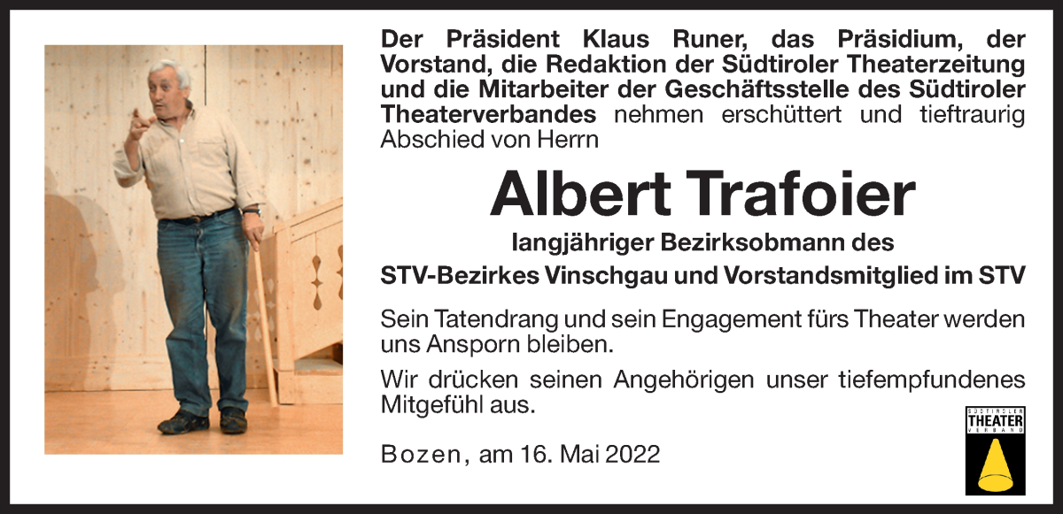  Traueranzeige für Albert Trafoier vom 18.05.2022 aus Dolomiten