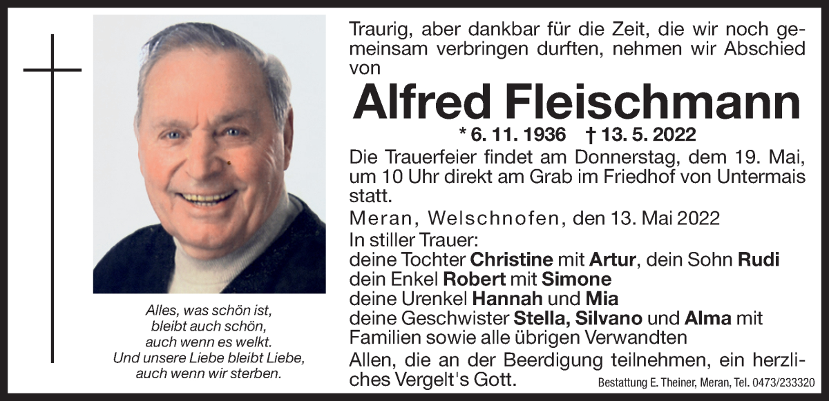  Traueranzeige für Alfred Fleischmann vom 14.05.2022 aus Dolomiten