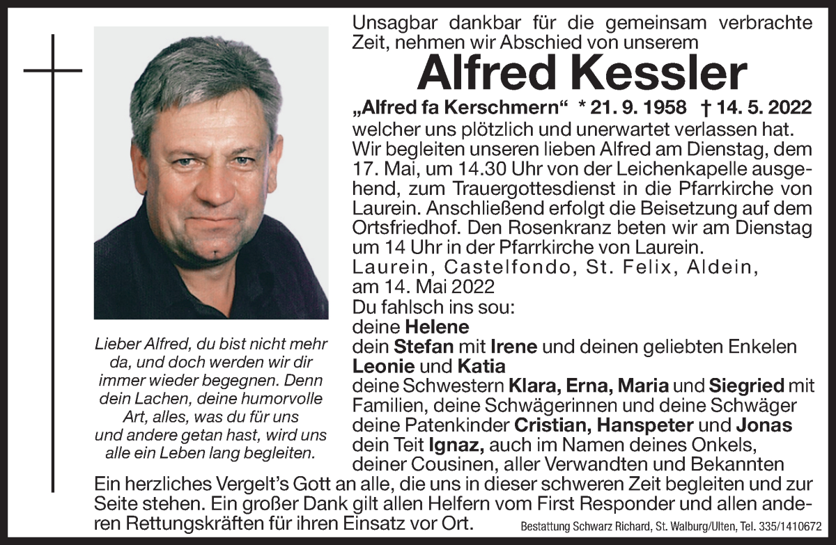  Traueranzeige für Alfred Kessler vom 17.05.2022 aus Dolomiten