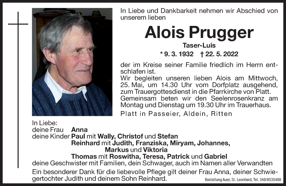  Traueranzeige für Alois Prugger vom 23.05.2022 aus Dolomiten