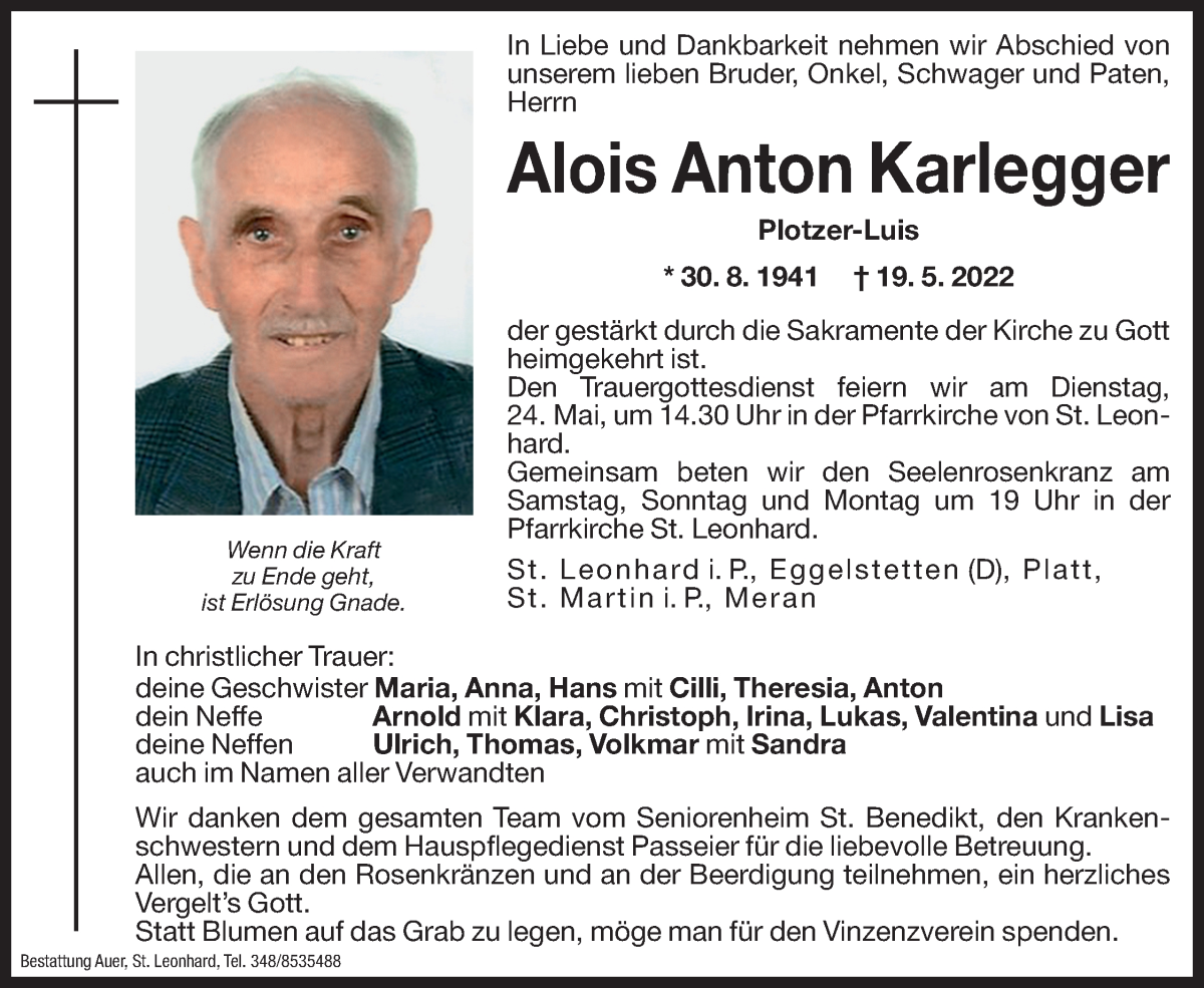  Traueranzeige für Alois Anton Karlegger vom 21.05.2022 aus Dolomiten