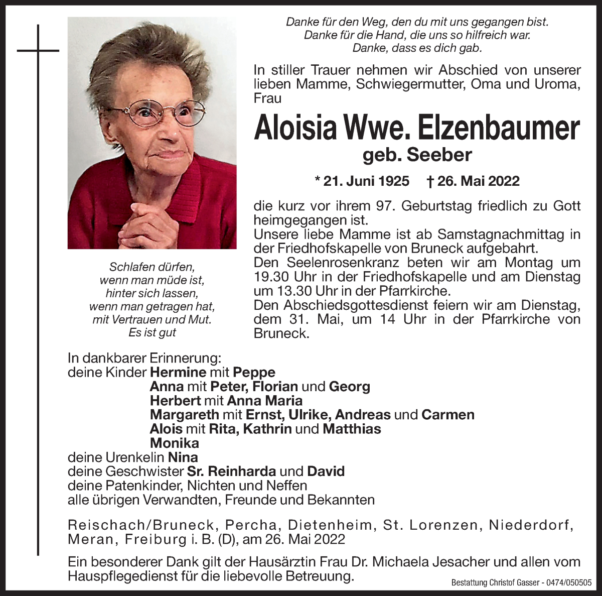  Traueranzeige für Aloisia Elzenbaumer vom 28.05.2022 aus Dolomiten