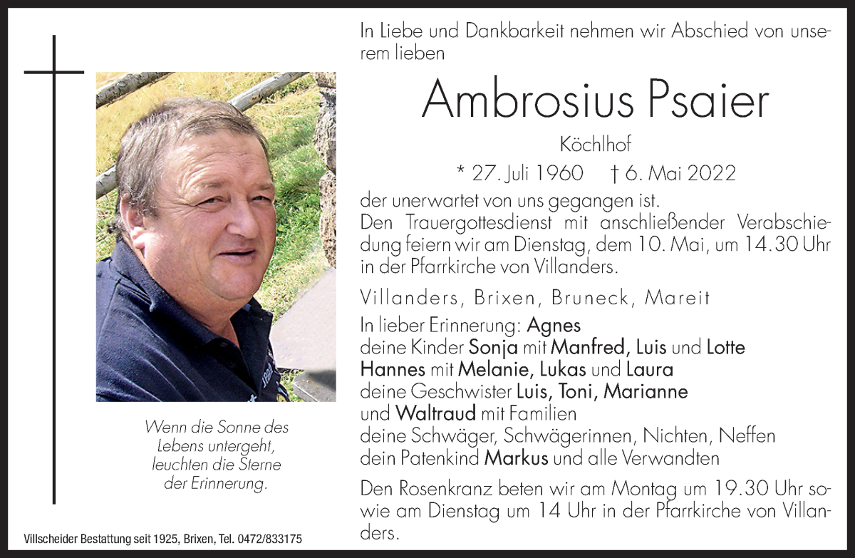  Traueranzeige für Ambrosius Psaier vom 09.05.2022 aus Dolomiten