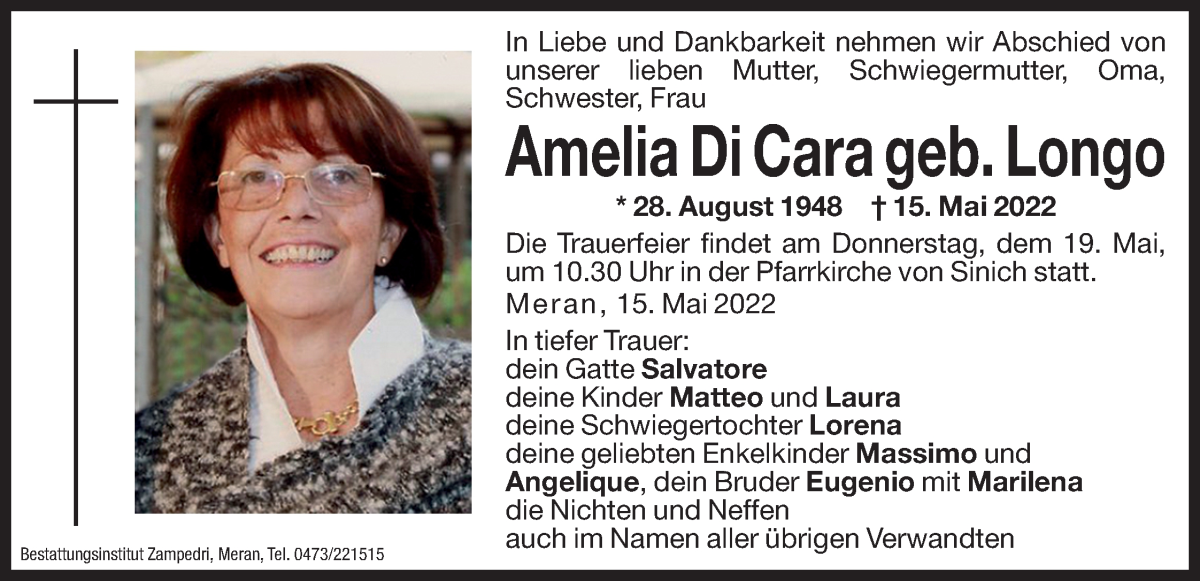  Traueranzeige für Amelia Di Cara vom 17.05.2022 aus Dolomiten