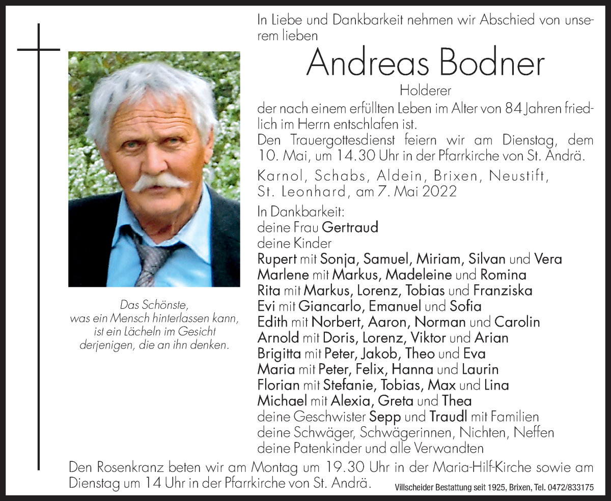  Traueranzeige für Andreas Bodner vom 09.05.2022 aus Dolomiten