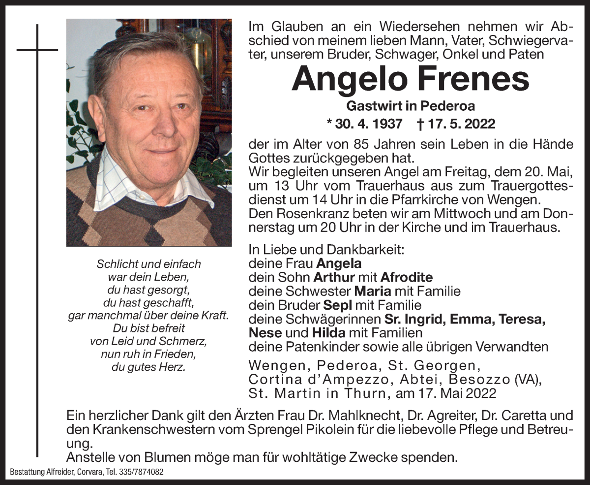  Traueranzeige für Angelo Frenes vom 18.05.2022 aus Dolomiten