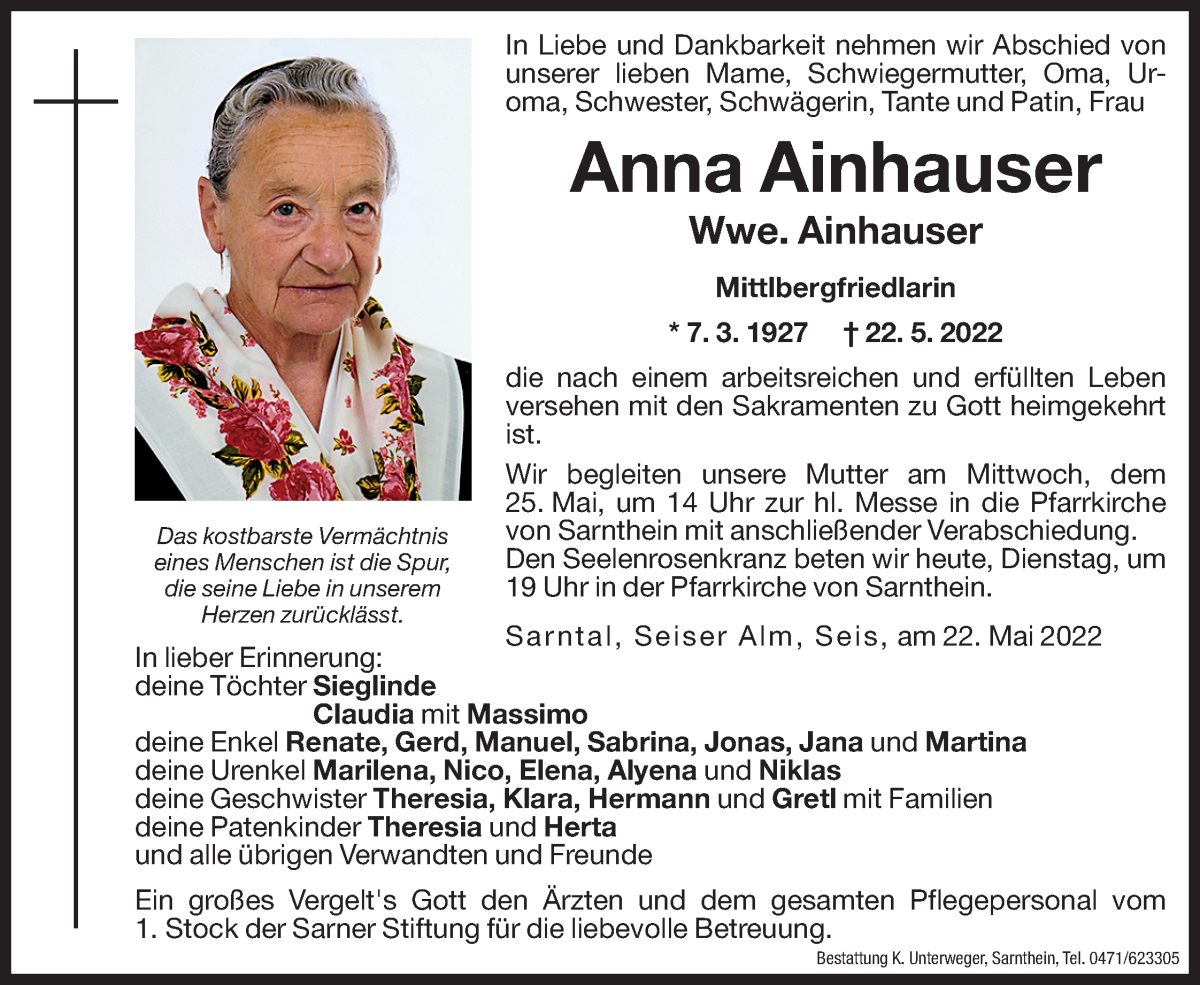 Traueranzeige für Anna Ainhauser vom 24.05.2022 aus Dolomiten