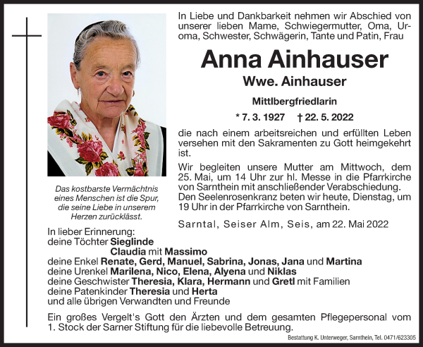 Traueranzeige von Anna Ainhauser von Dolomiten