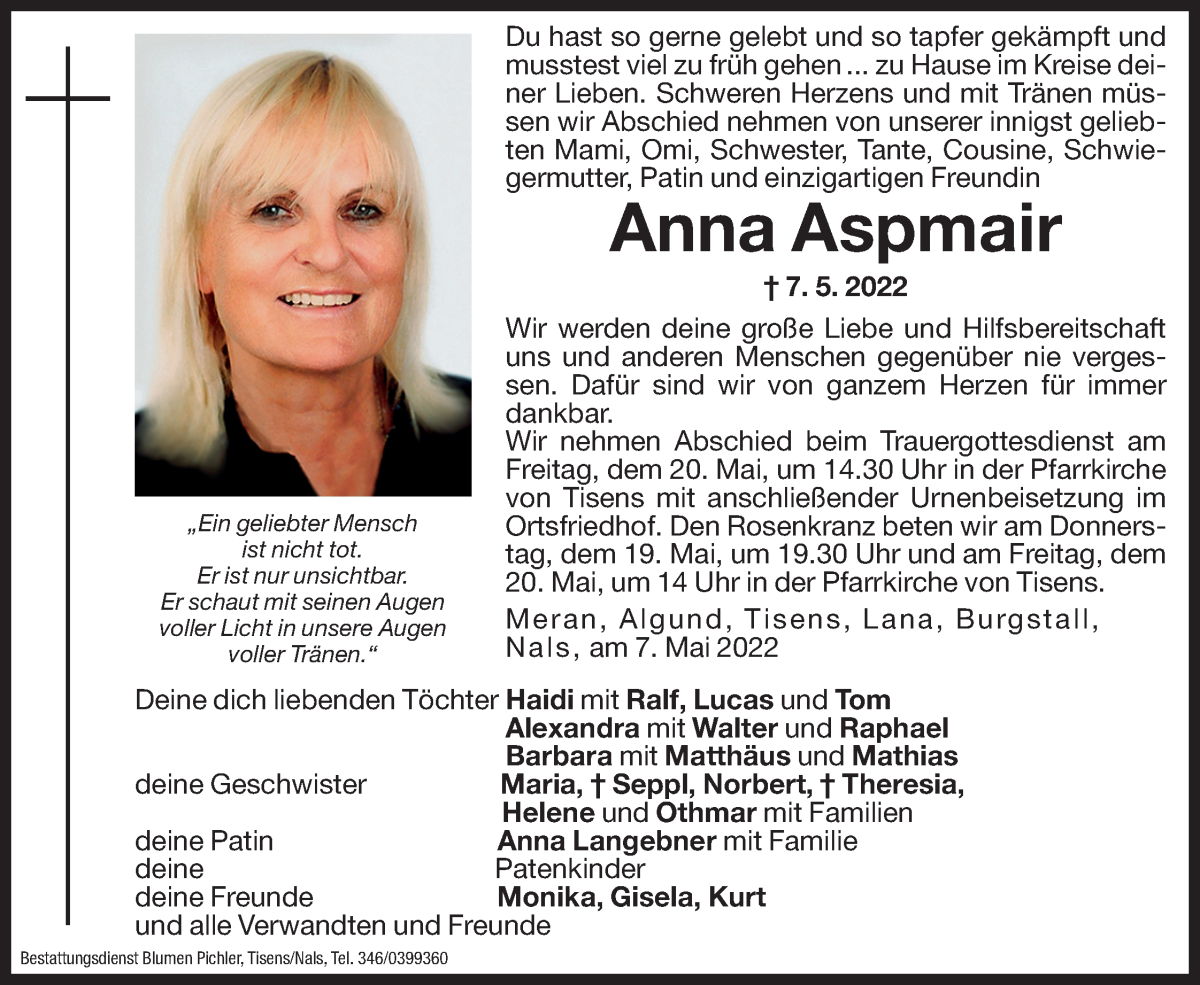  Traueranzeige für Anna Aspmair vom 13.05.2022 aus Dolomiten