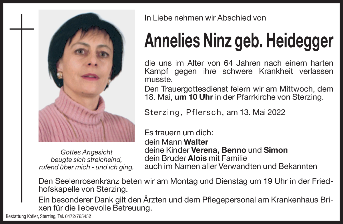  Traueranzeige für Annelies Ninz vom 14.05.2022 aus Dolomiten