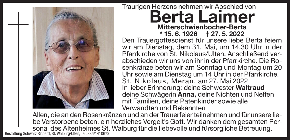  Traueranzeige für Berta Laimer vom 28.05.2022 aus Dolomiten