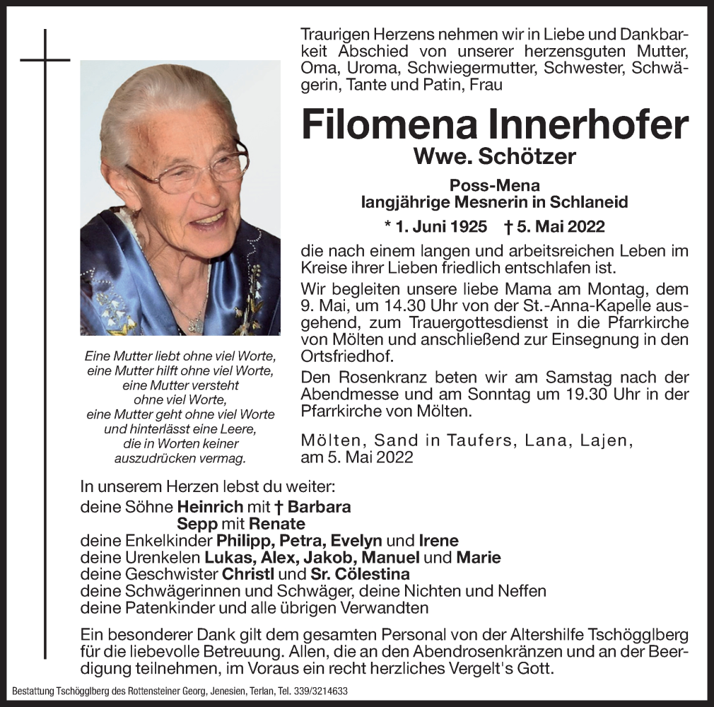  Traueranzeige für Filomena Schötzer vom 07.05.2022 aus Dolomiten