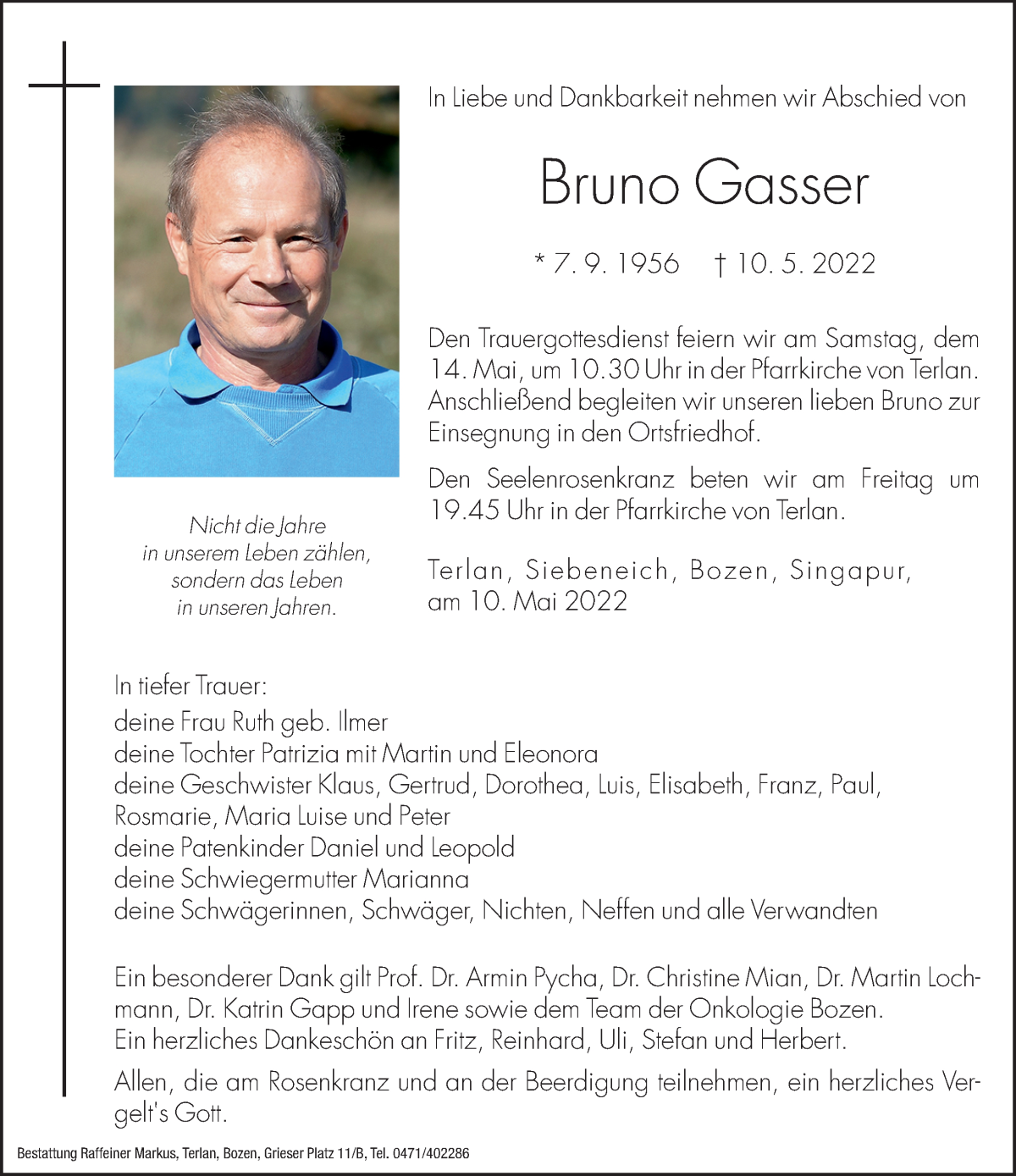  Traueranzeige für Bruno Gasser vom 12.05.2022 aus Dolomiten