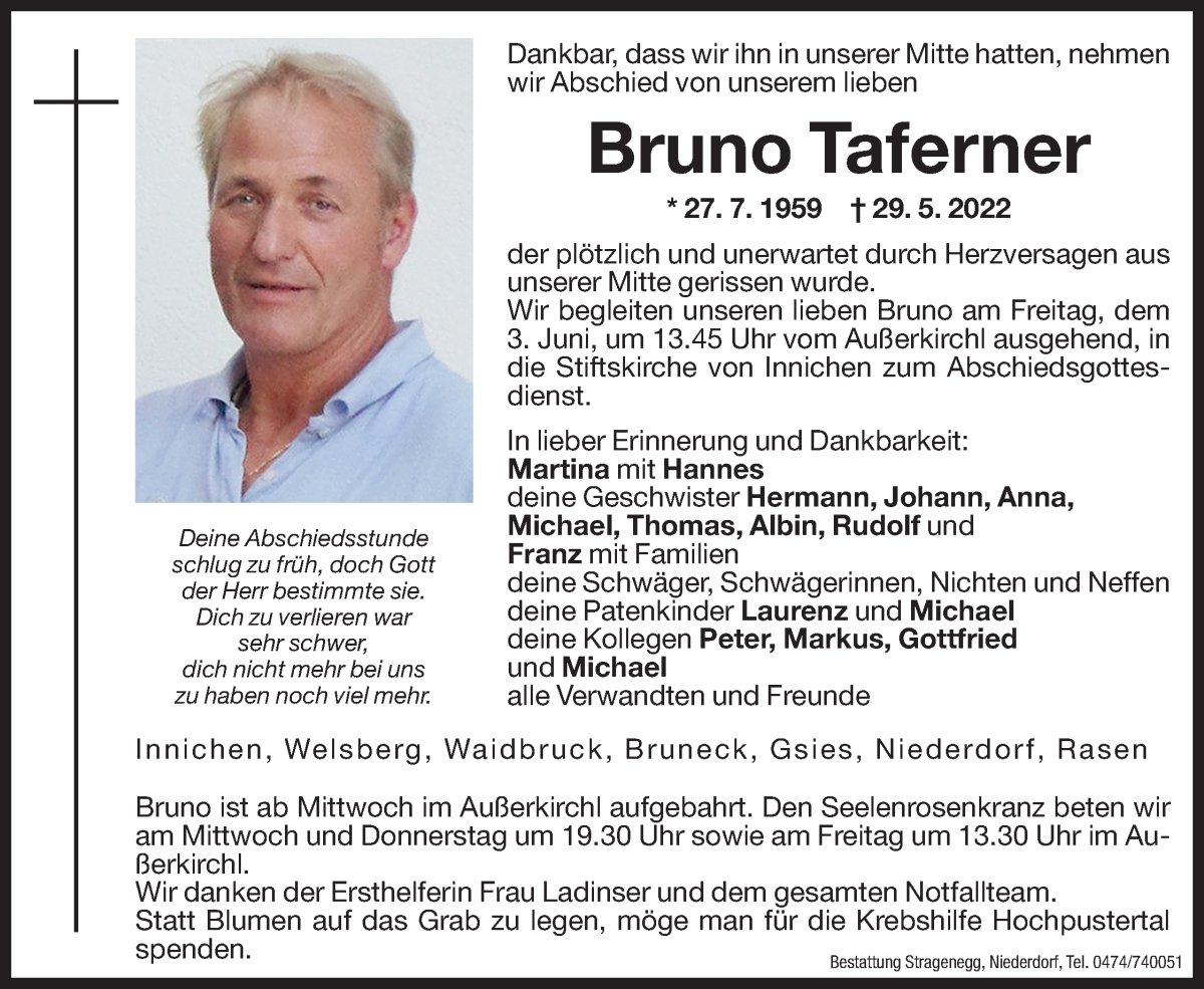  Traueranzeige für Bruno Taferner vom 31.05.2022 aus Dolomiten