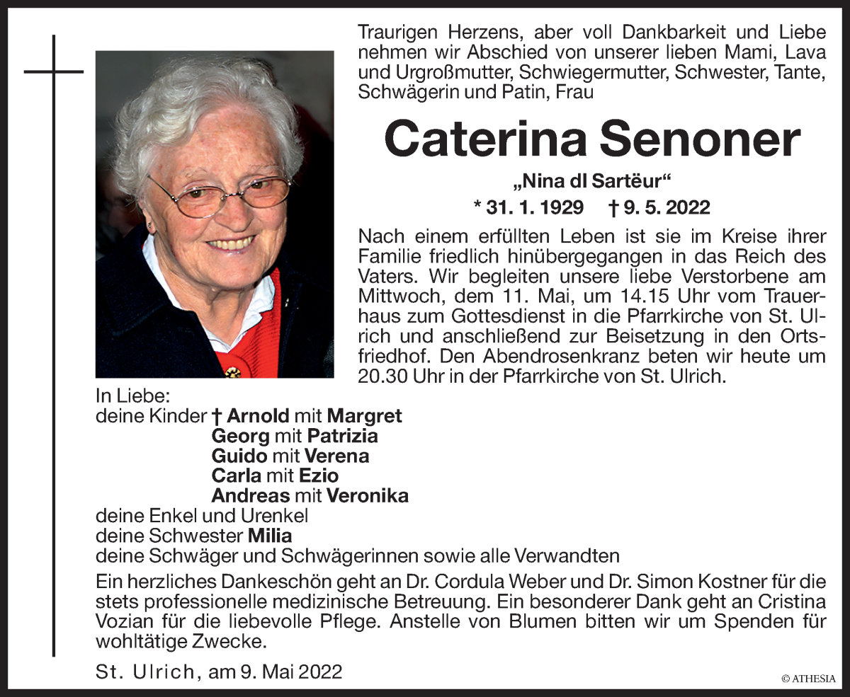  Traueranzeige für Caterina Senoner vom 10.05.2022 aus Dolomiten