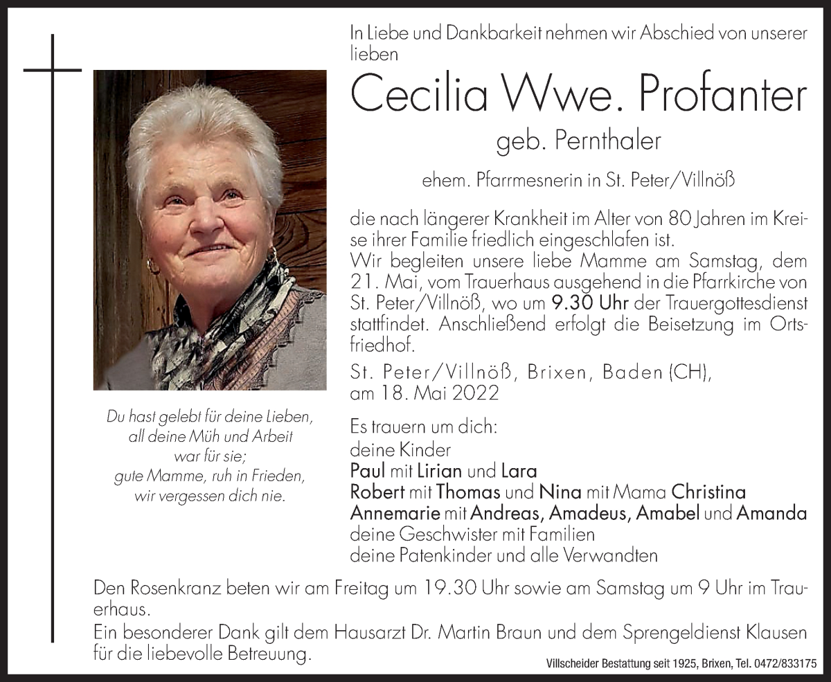  Traueranzeige für Cecilia Profanter vom 20.05.2022 aus Dolomiten