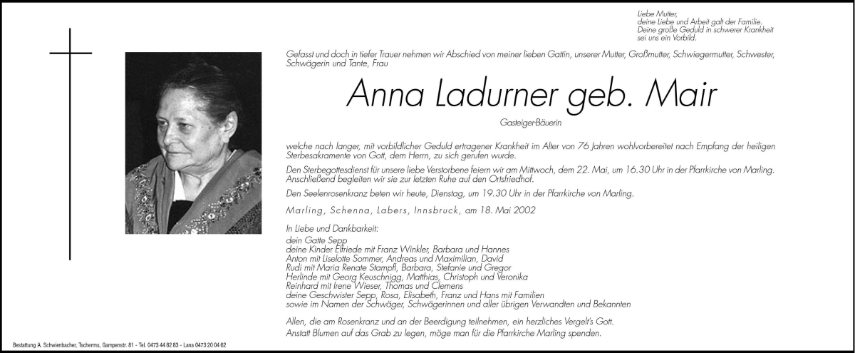  Traueranzeige für Anna Ladurner vom 21.05.2002 aus Dolomiten