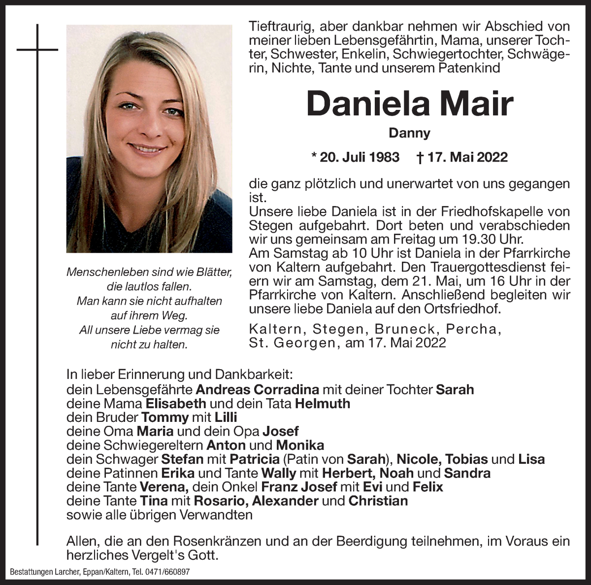 Traueranzeige für Daniela Mair vom 20.05.2022 aus Dolomiten