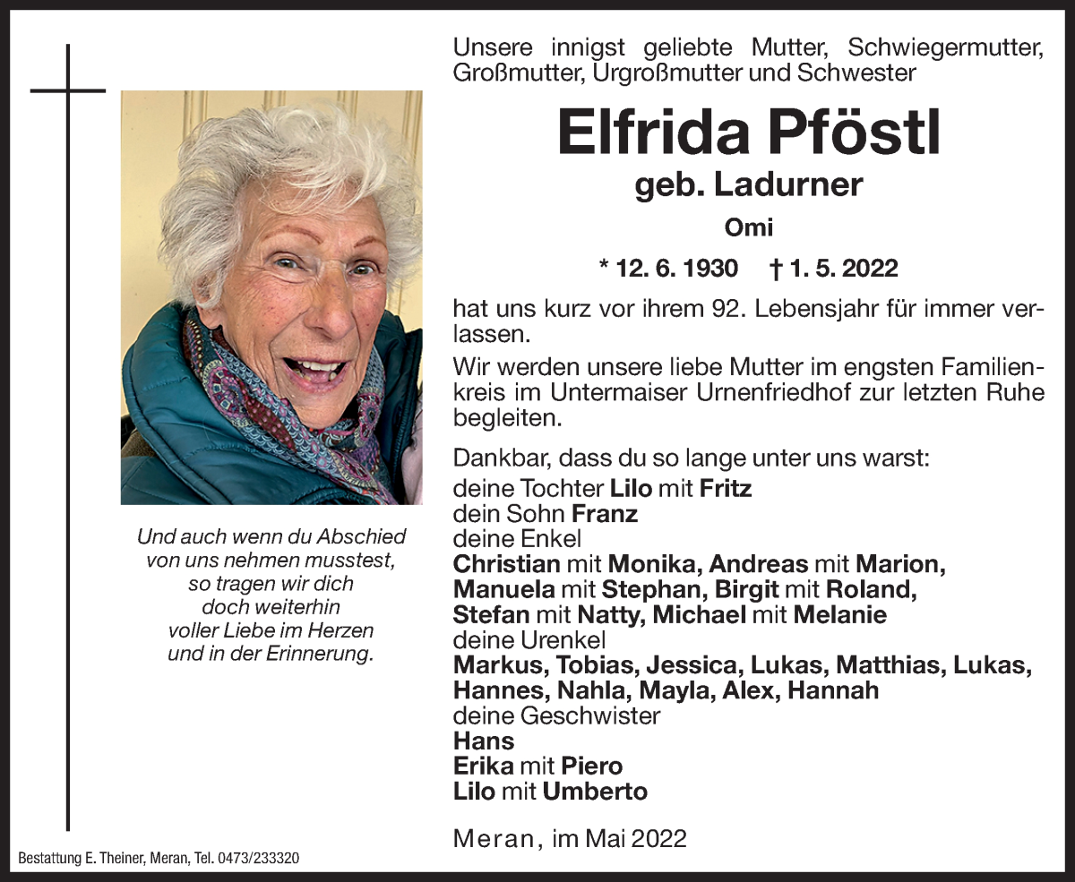  Traueranzeige für Elfrida Pföstl vom 06.05.2022 aus Dolomiten