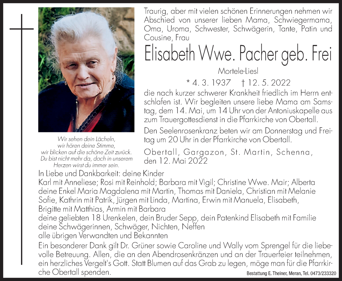  Traueranzeige für Elisabeth Pacher vom 13.05.2022 aus Dolomiten