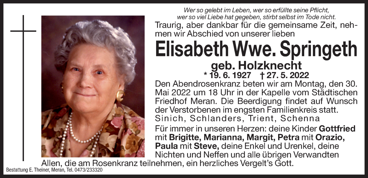  Traueranzeige für Elisabeth Springeth vom 28.05.2022 aus Dolomiten