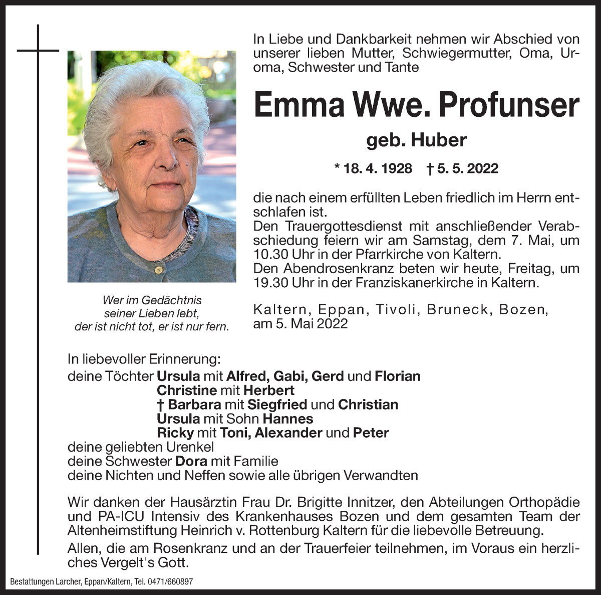 Traueranzeige für Emma Profunser vom 06.05.2022 aus Dolomiten