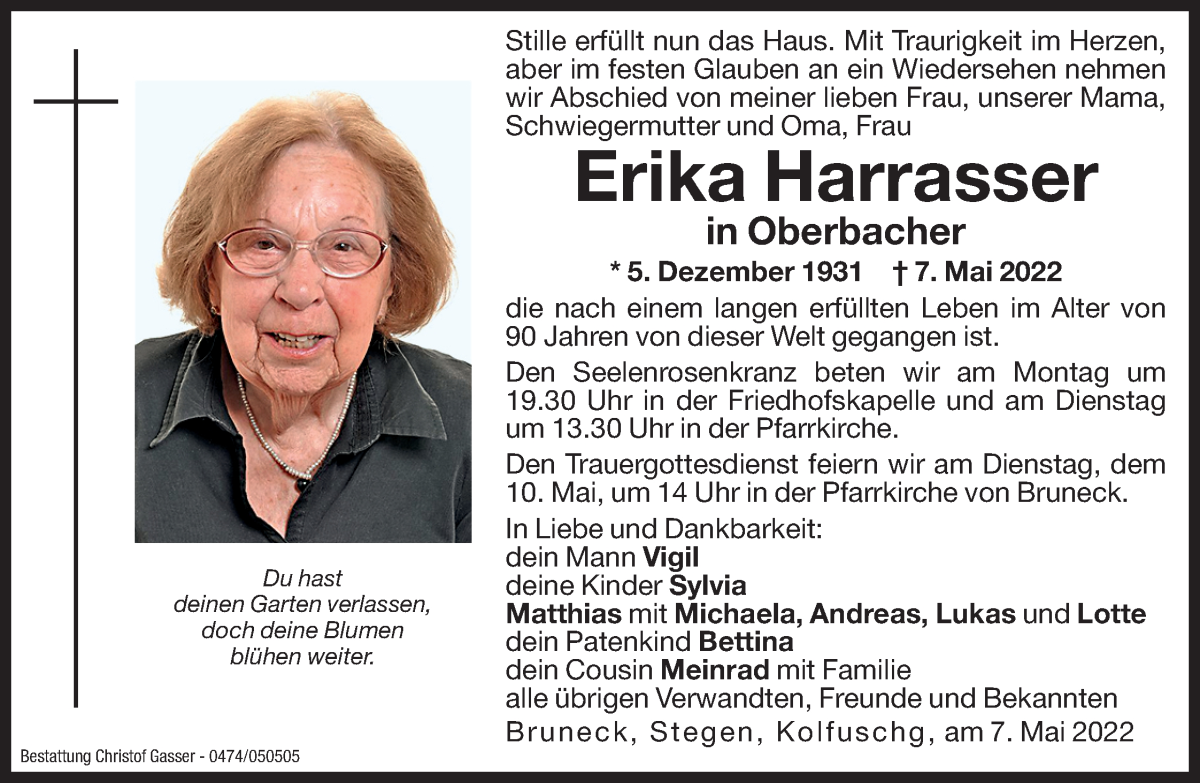  Traueranzeige für Erika Oberbacher vom 09.05.2022 aus Dolomiten