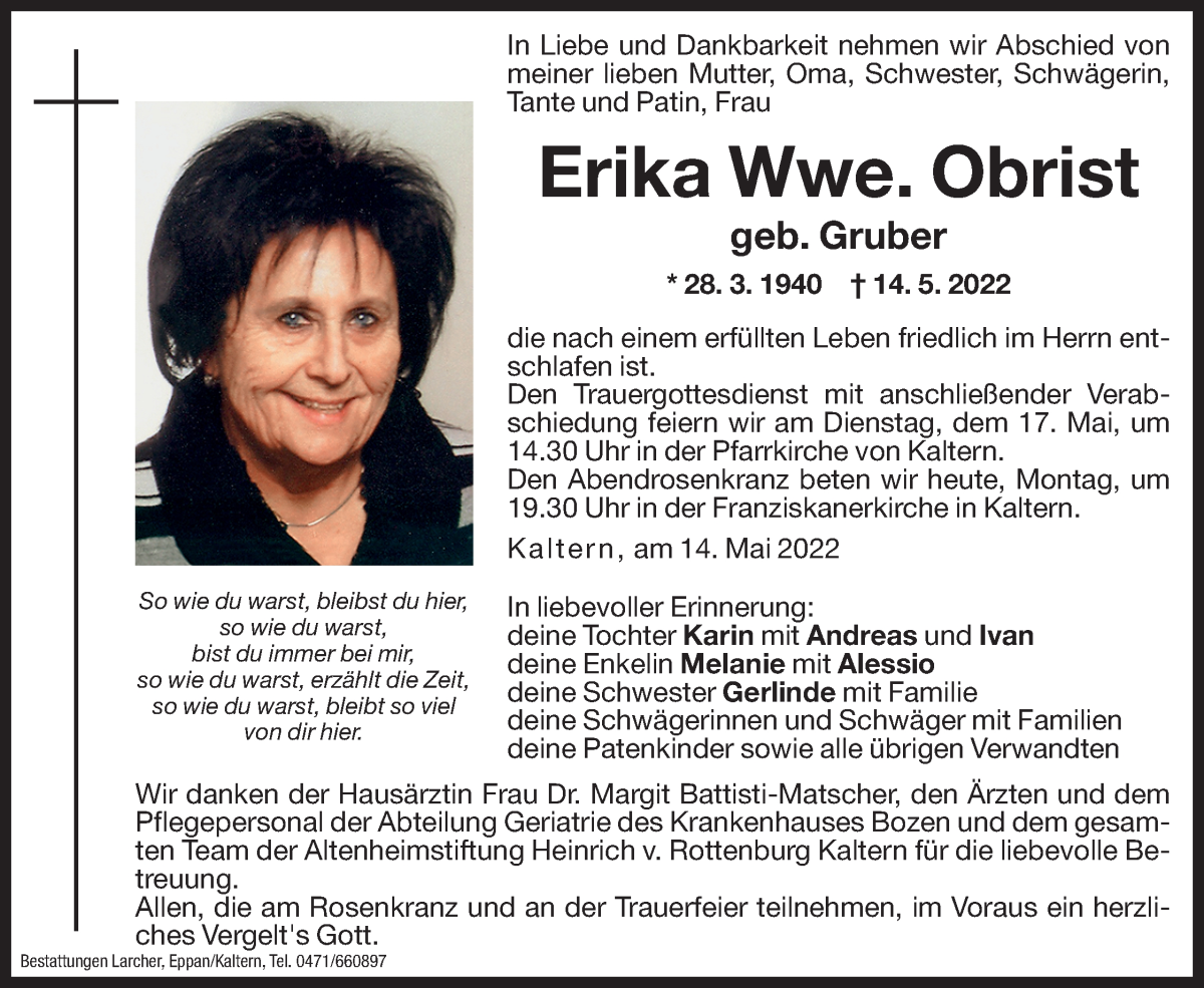  Traueranzeige für Erika Obrist vom 16.05.2022 aus Dolomiten