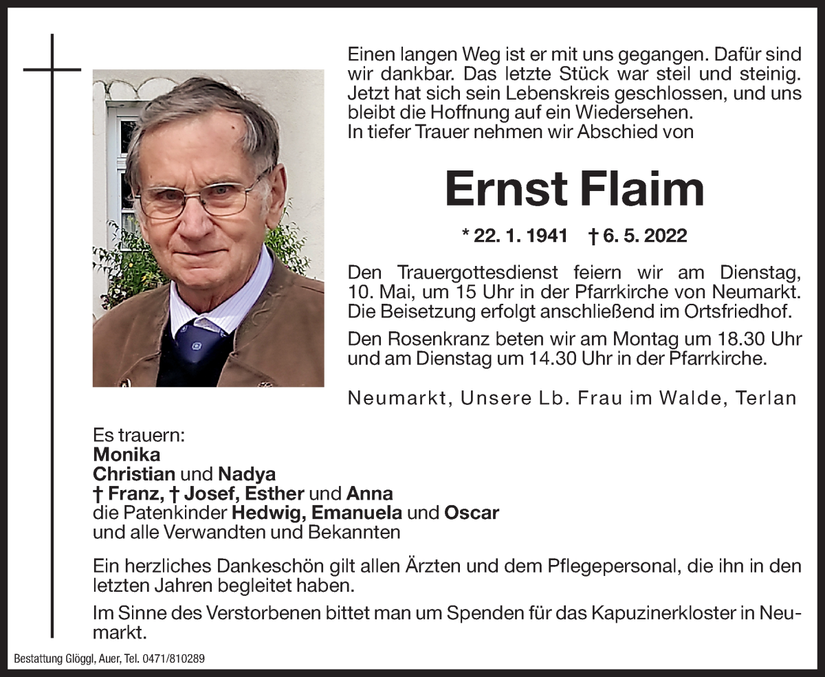  Traueranzeige für Ernst Flaim vom 09.05.2022 aus Dolomiten