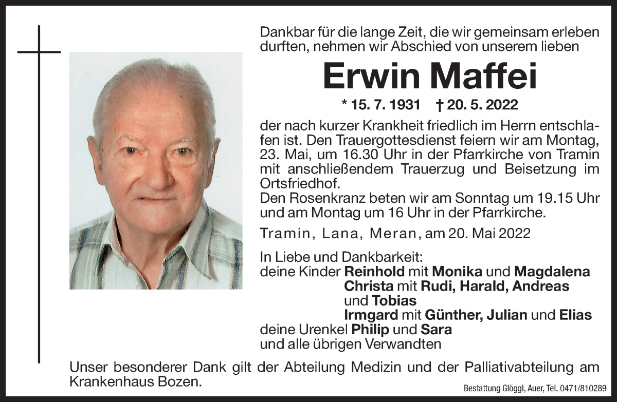  Traueranzeige für Erwin Maffei vom 21.05.2022 aus Dolomiten