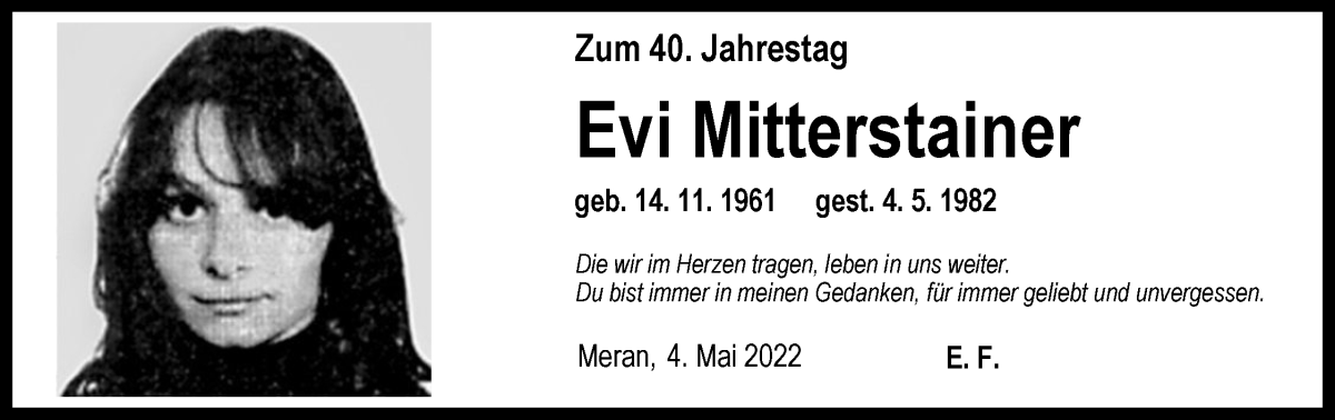  Traueranzeige für Evi Mitterstainer vom 04.05.2022 aus Dolomiten