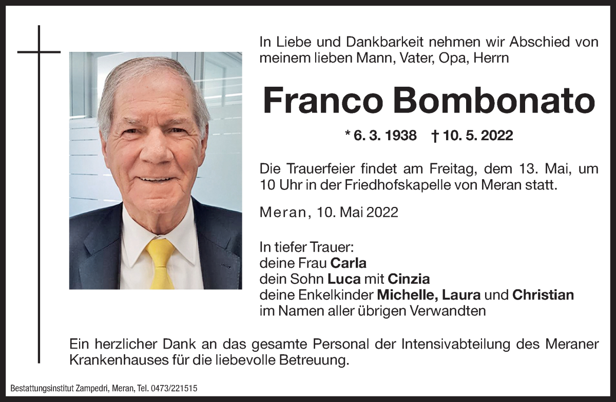  Traueranzeige für Franco Bombonato vom 12.05.2022 aus Dolomiten