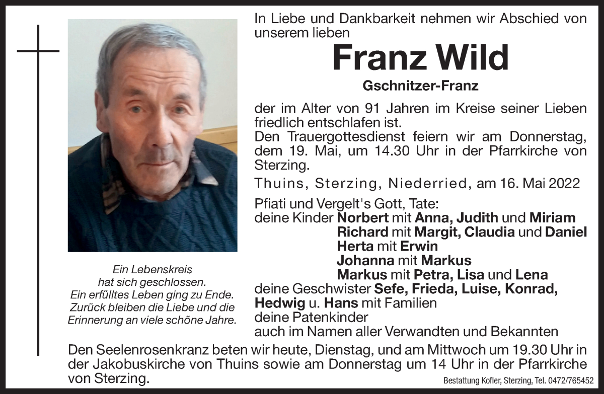  Traueranzeige für Franz Wild vom 17.05.2022 aus Dolomiten