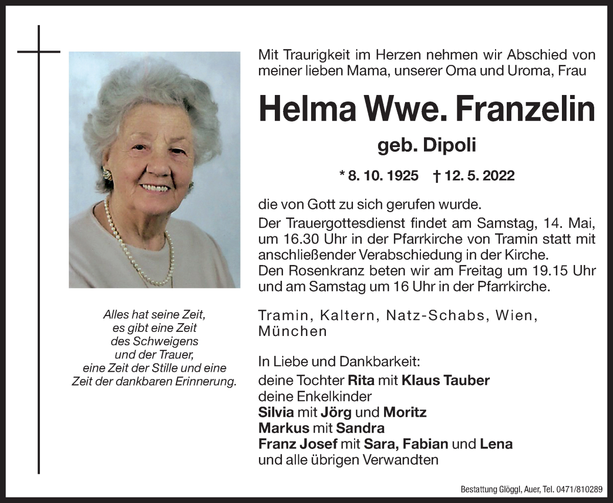  Traueranzeige für Franzelin Helma vom 13.05.2022 aus Dolomiten