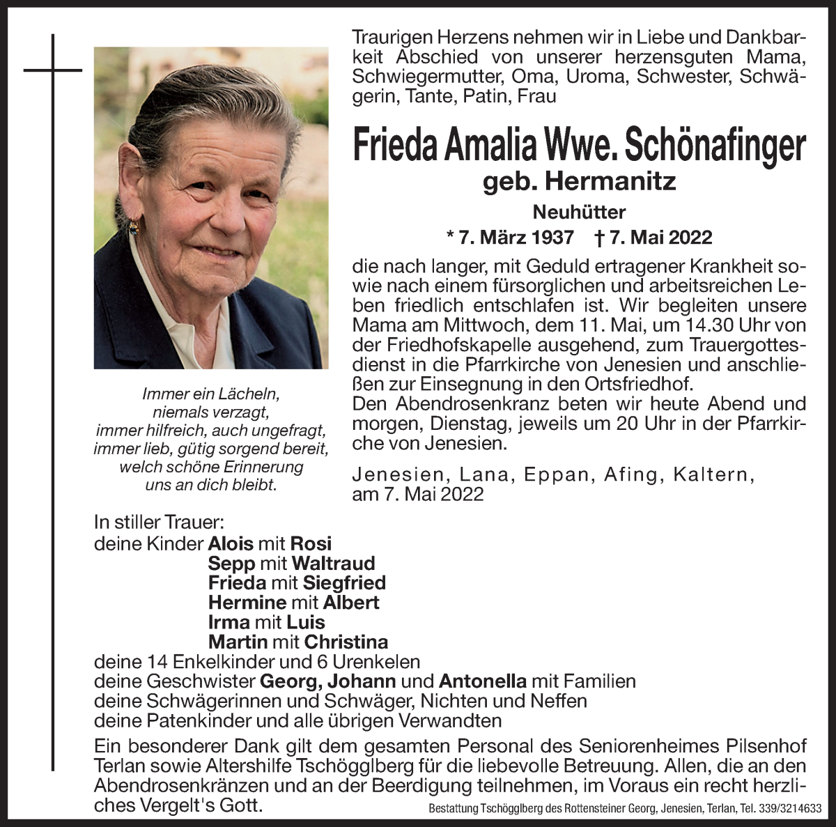  Traueranzeige für Frieda Amalia Schönafinger vom 09.05.2022 aus Dolomiten
