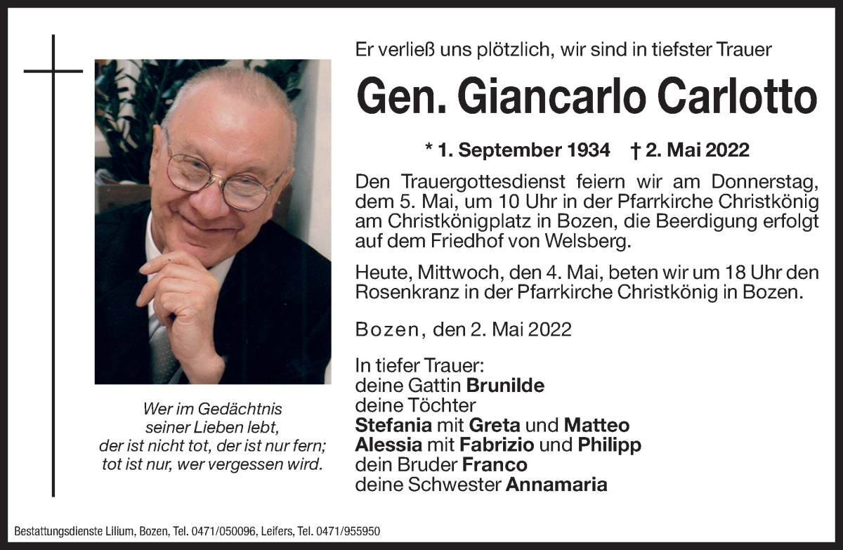  Traueranzeige für Giancarlo Carlotto vom 04.05.2022 aus Dolomiten