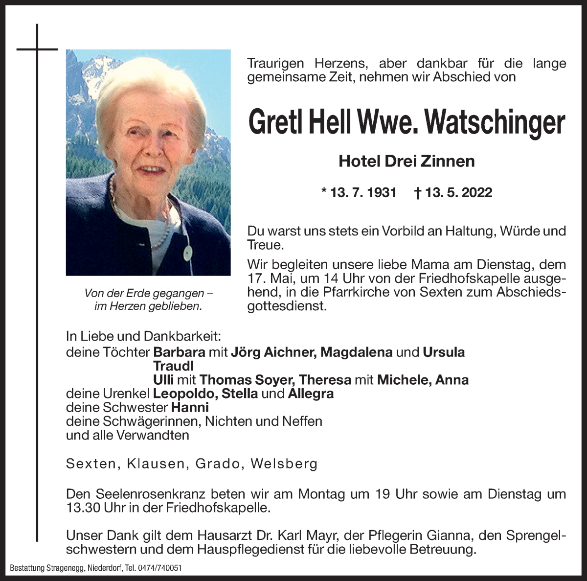 Traueranzeige für Gretl Watschinger vom 16.05.2022 aus Dolomiten