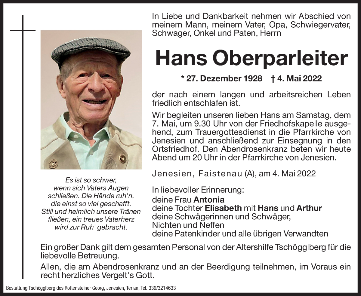  Traueranzeige für Hans Oberparleiter vom 06.05.2022 aus Dolomiten