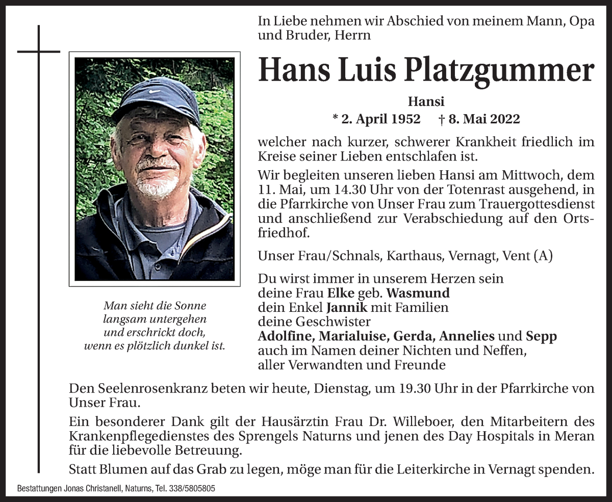  Traueranzeige für Hans Luis Platzgummer vom 10.05.2022 aus Dolomiten