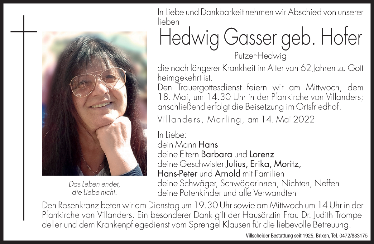  Traueranzeige für Hedwig Gasser vom 17.05.2022 aus Dolomiten