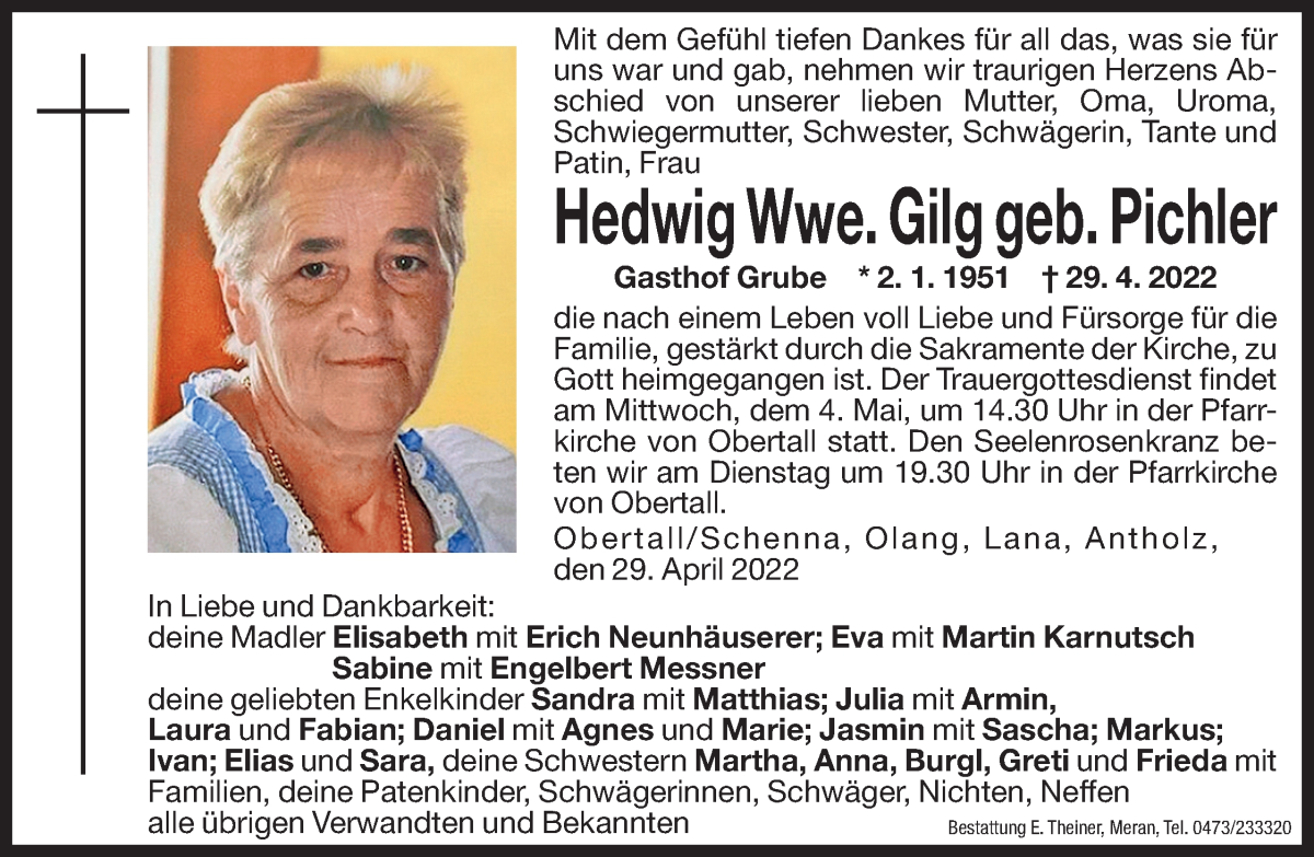  Traueranzeige für Hedwig Gilg vom 03.05.2022 aus Dolomiten