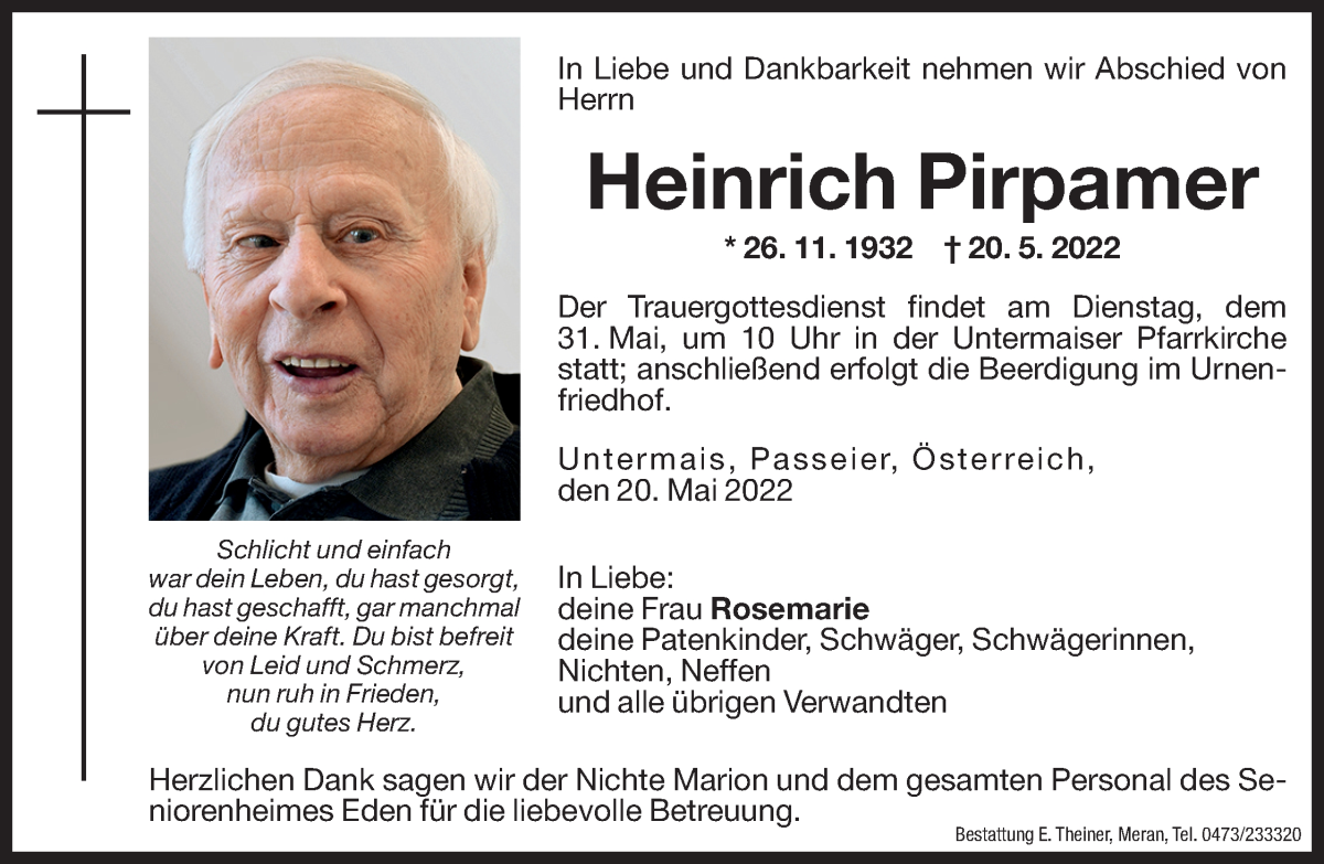  Traueranzeige für Heinrich Pirpamer vom 27.05.2022 aus Dolomiten