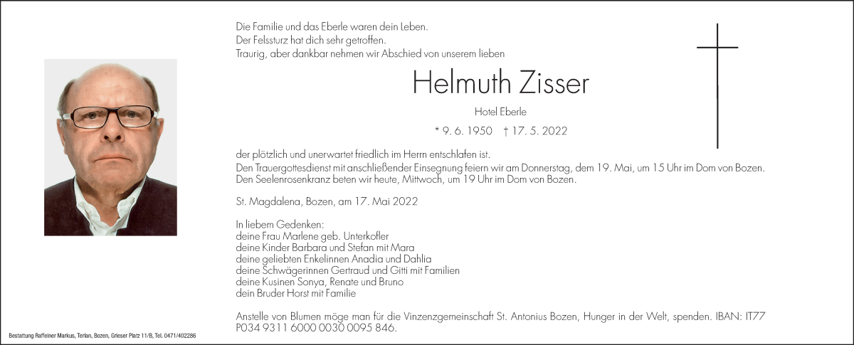  Traueranzeige für Helmuth Zisser vom 18.05.2022 aus Dolomiten