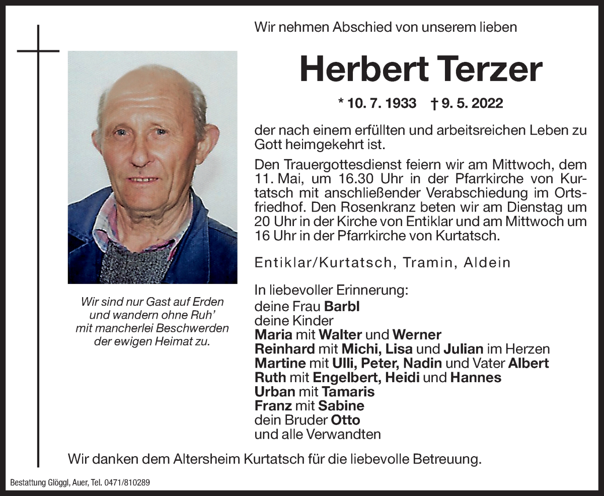  Traueranzeige für Herbert Terzer vom 10.05.2022 aus Dolomiten