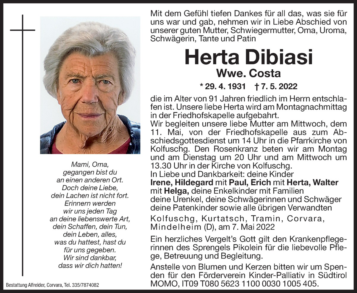  Traueranzeige für Herta Costa vom 09.05.2022 aus Dolomiten