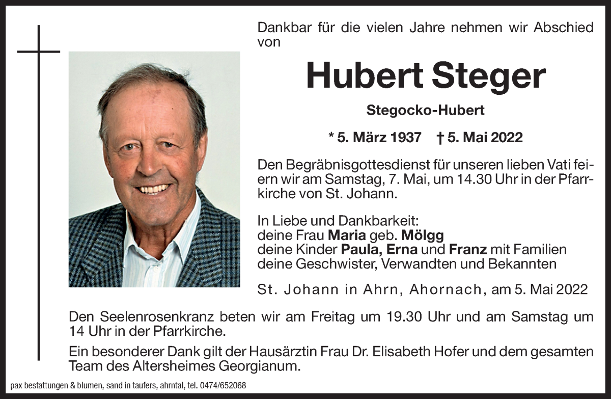  Traueranzeige für Hubert Steger vom 06.05.2022 aus Dolomiten
