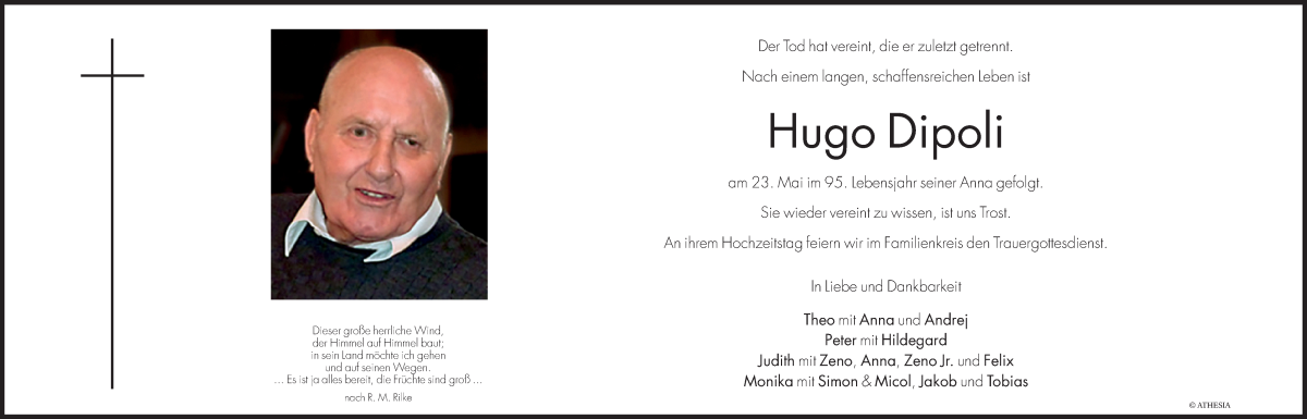  Traueranzeige für Hugo Dipoli vom 26.05.2022 aus Dolomiten