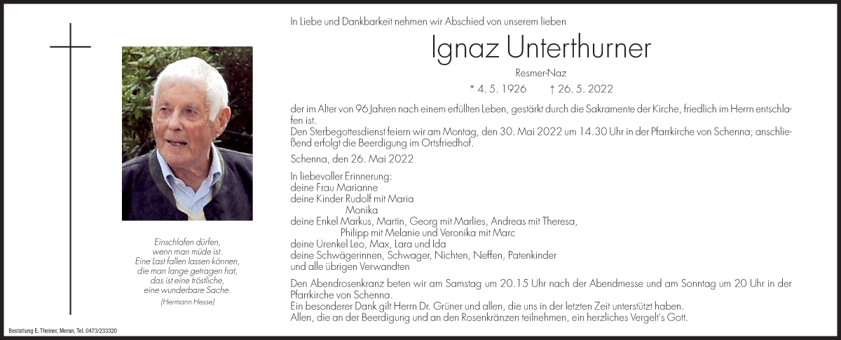  Traueranzeige für Ignaz Unterthurner vom 28.05.2022 aus Dolomiten